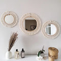 Set of 3 macrame wall mirrors with wooden beads — handwoven India