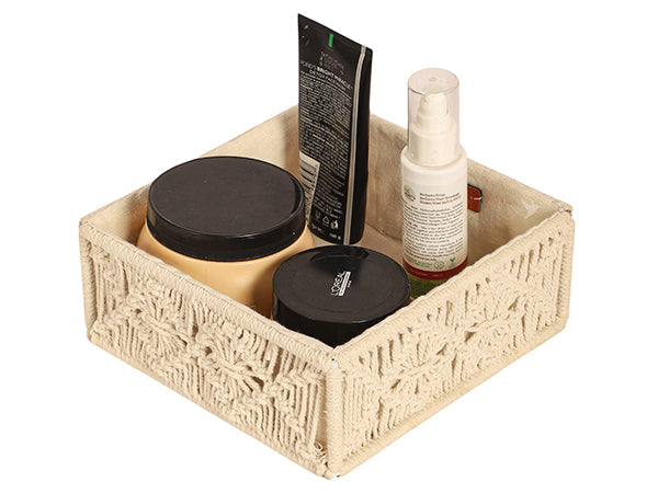 Ivory macrame hamper basket detail view