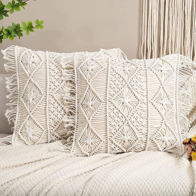 Boho diamond pattern macrame cushion cover 16x16 — handwoven India