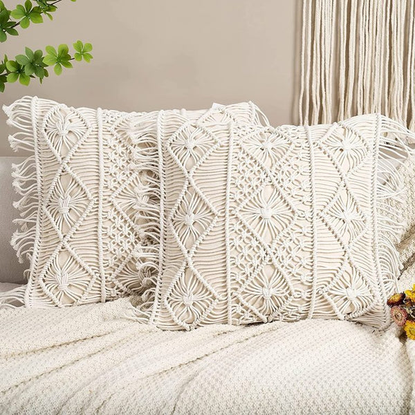 Boho diamond pattern macrame cushion cover 16x16 — handwoven India