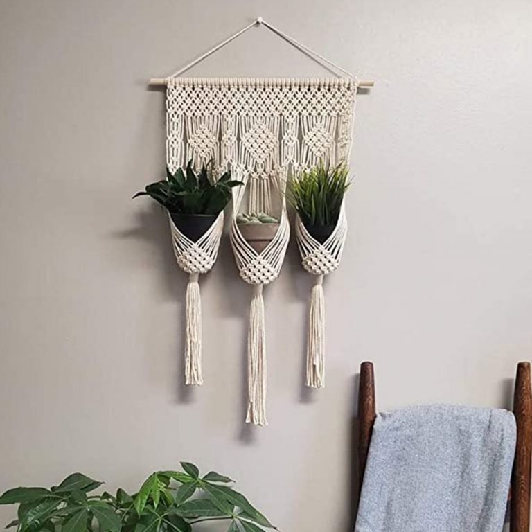Handwoven Macrame Plant Hanger for 3 Pots (Off White) | 16×26 Inches