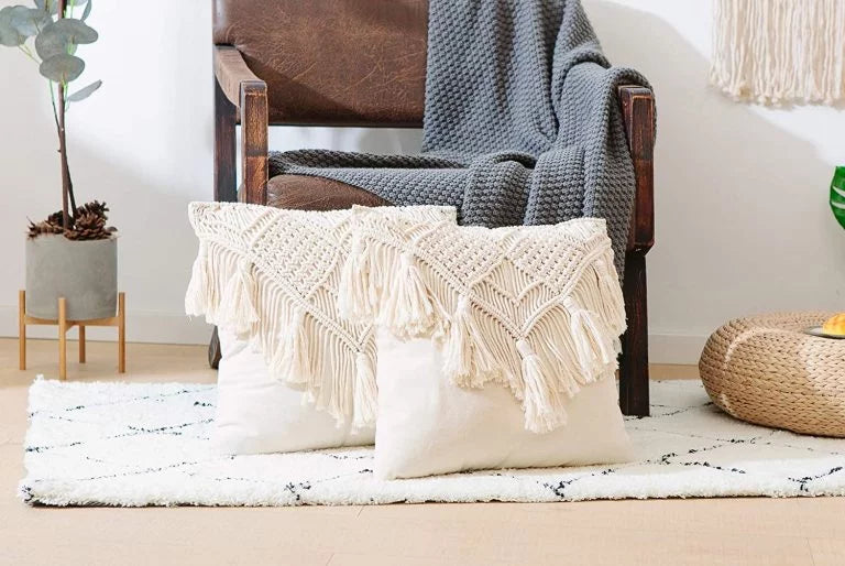 Hand-Knotted Bohemian Macrame Cushion Cover with Tassels