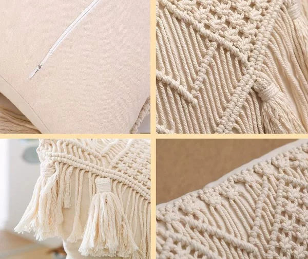 Hand-Knotted Bohemian Macrame Cushion Cover with Tassels