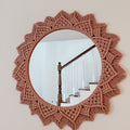 Peach hand-knotted round macrame wall mirror