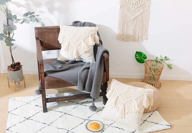 Macrame cushion cover with tassels arrangement — handmade India