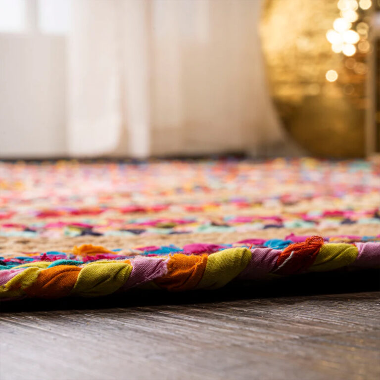 Colorful round jute rug featured — handwoven natural fibre