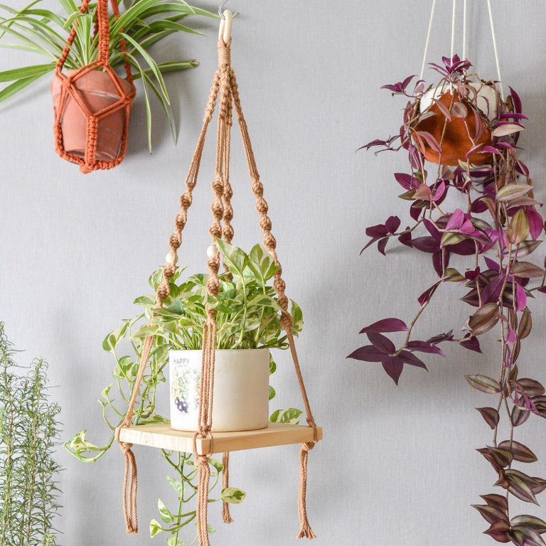 Macrame Plant Hanger Square Shape Pine Wood Shelf | Handwoven