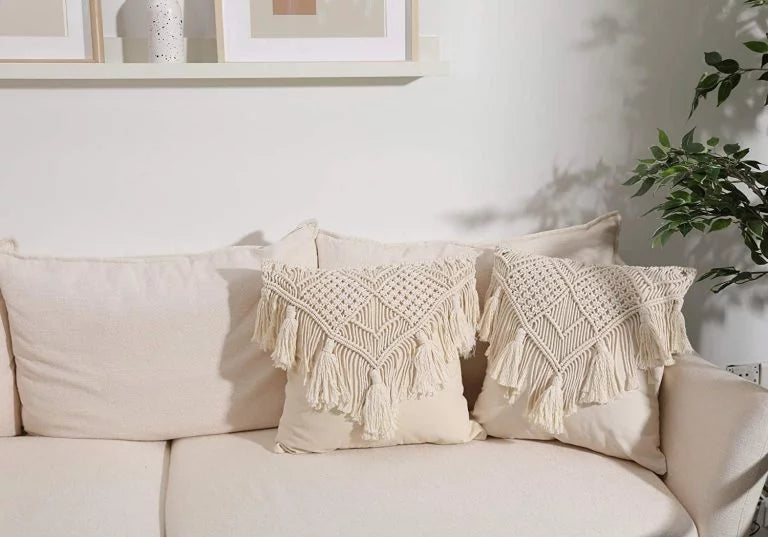 Macrame cushion cover tassels room styling — artisan India