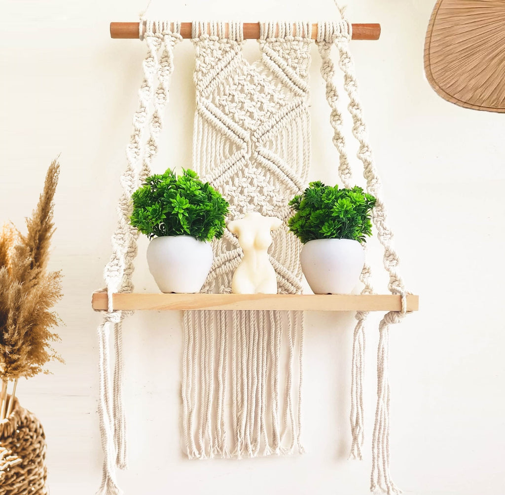 Boho Wall Shelf Planter with 2 Diamond Pattern - main view