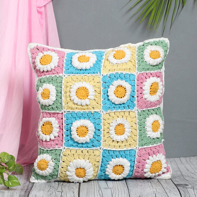 Dahlia pattern colorful crochet cushion cover 16x16 — handwoven India
