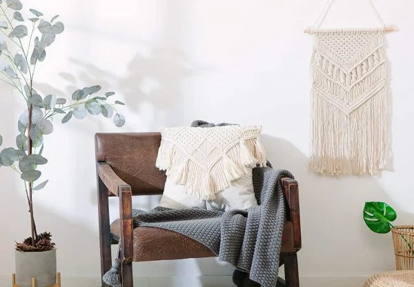 Macrame cushion cover with tassels lifestyle — handwoven India