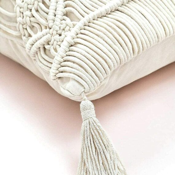 Boho macrame cushion cover with tassels 16x16 — handwoven India