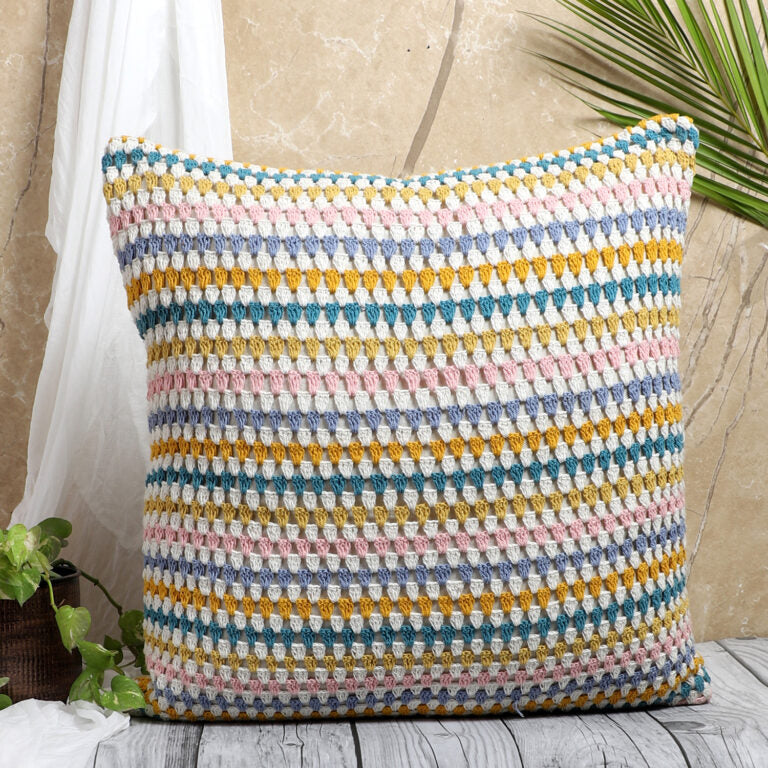 Vibrant colors cotton crochet cushion cover 16x16 — handwoven India