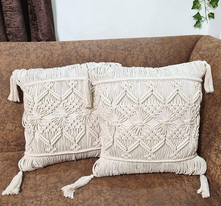 Boho macrame cushion cover room styling — handmade India