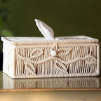 Leaf pattern macrame tissue box cover rectangle — handwoven India