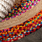 Colorful round jute rug detail — artisan Indian craft