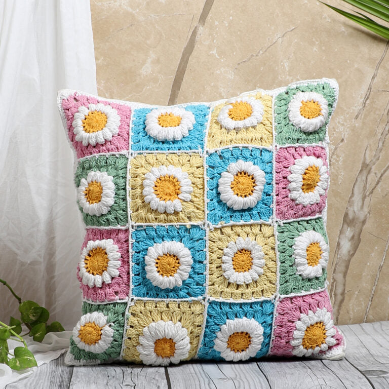 Dahlia crochet cushion cover angle — handmade Indian artisans