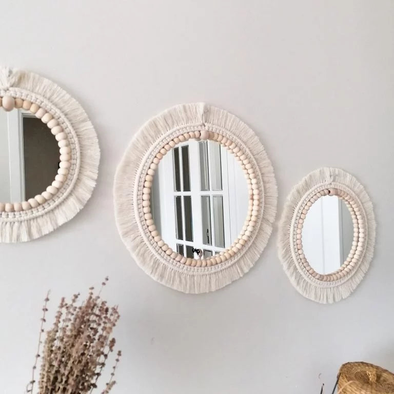 Set of 3 Macrame Wall Mirrors with Wooden Beads | 14", 16" & 18"