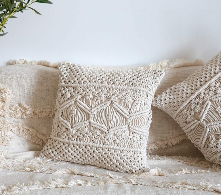 Boho throw macrame pillow cover 16x16 — handwoven India