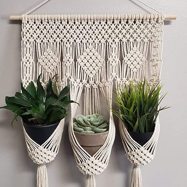 Macrame plant hanger 3 pots detail — handwoven artisan India