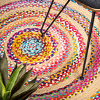Colorful round jute rug from above — handwoven India