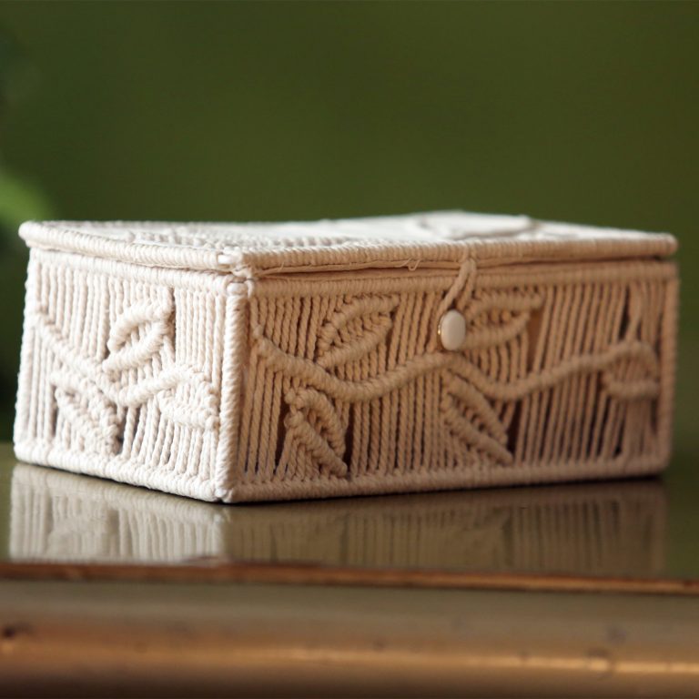 Leaf pattern macrame tissue box cover side — handwoven India