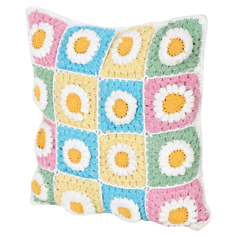 Dahlia crochet cushion cover lifestyle — handwoven India