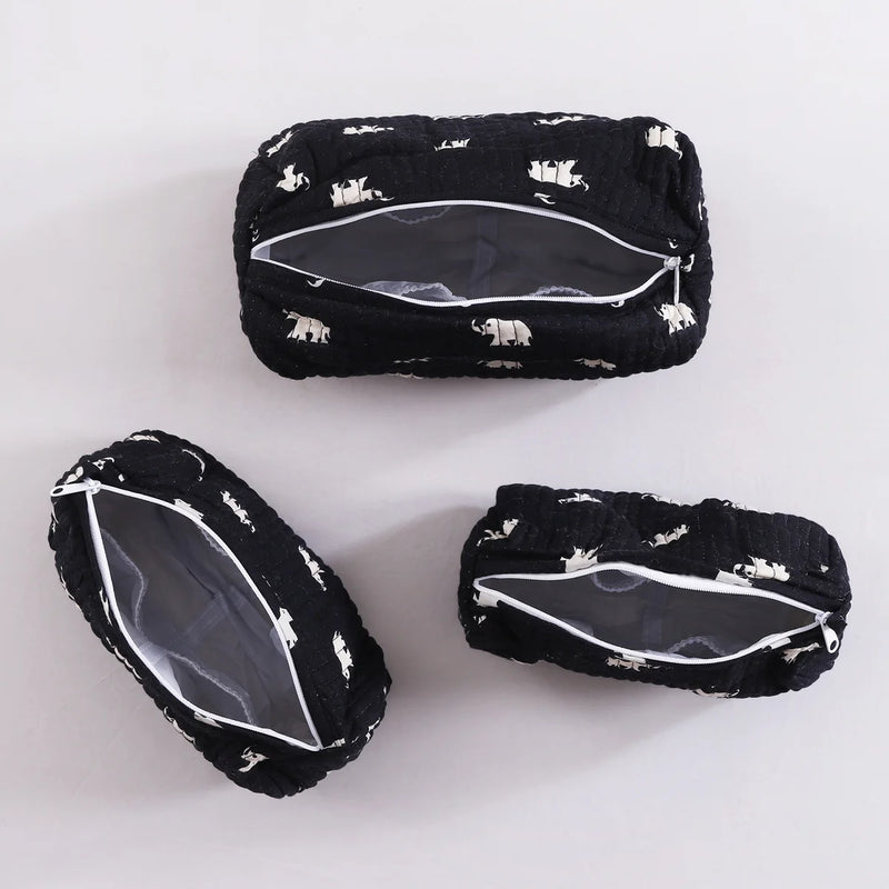 3 PC Elephant Block Printed Cotton Quilted Toiletry Bags