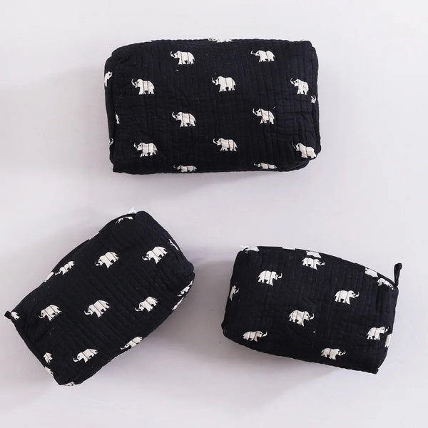 3 PC Elephant Block Printed Cotton Quilted Toiletry Bags