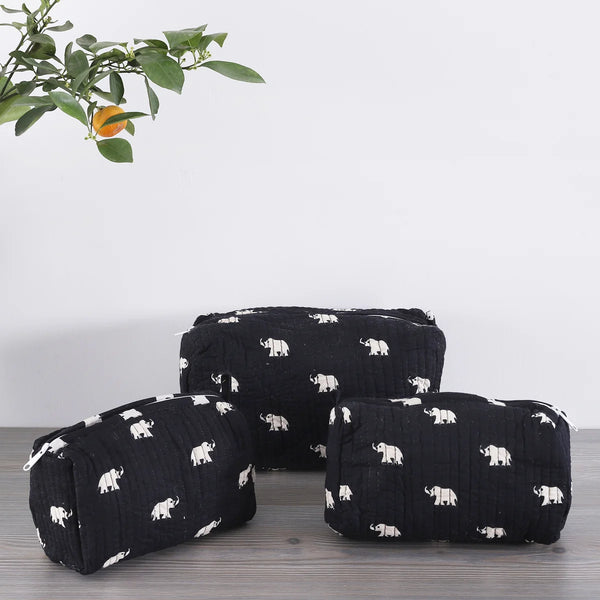 3 PC Elephant Block Printed Cotton Quilted Toiletry Bags