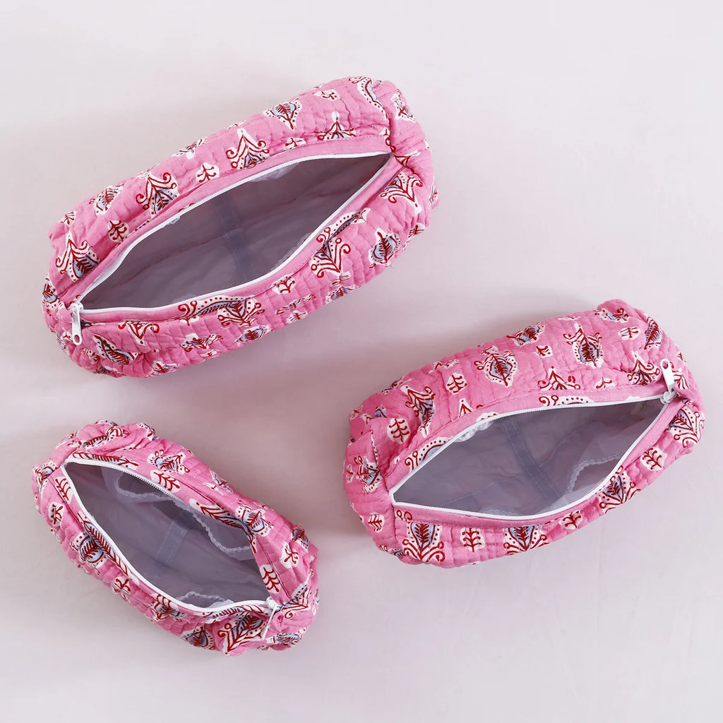 3 pc Pink Leaf Printed Quilted Makeup Cosmetic Carry Bag