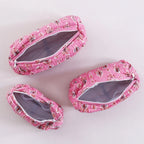 3 pc Pink Leaf Printed Quilted Makeup Cosmetic Carry Bag