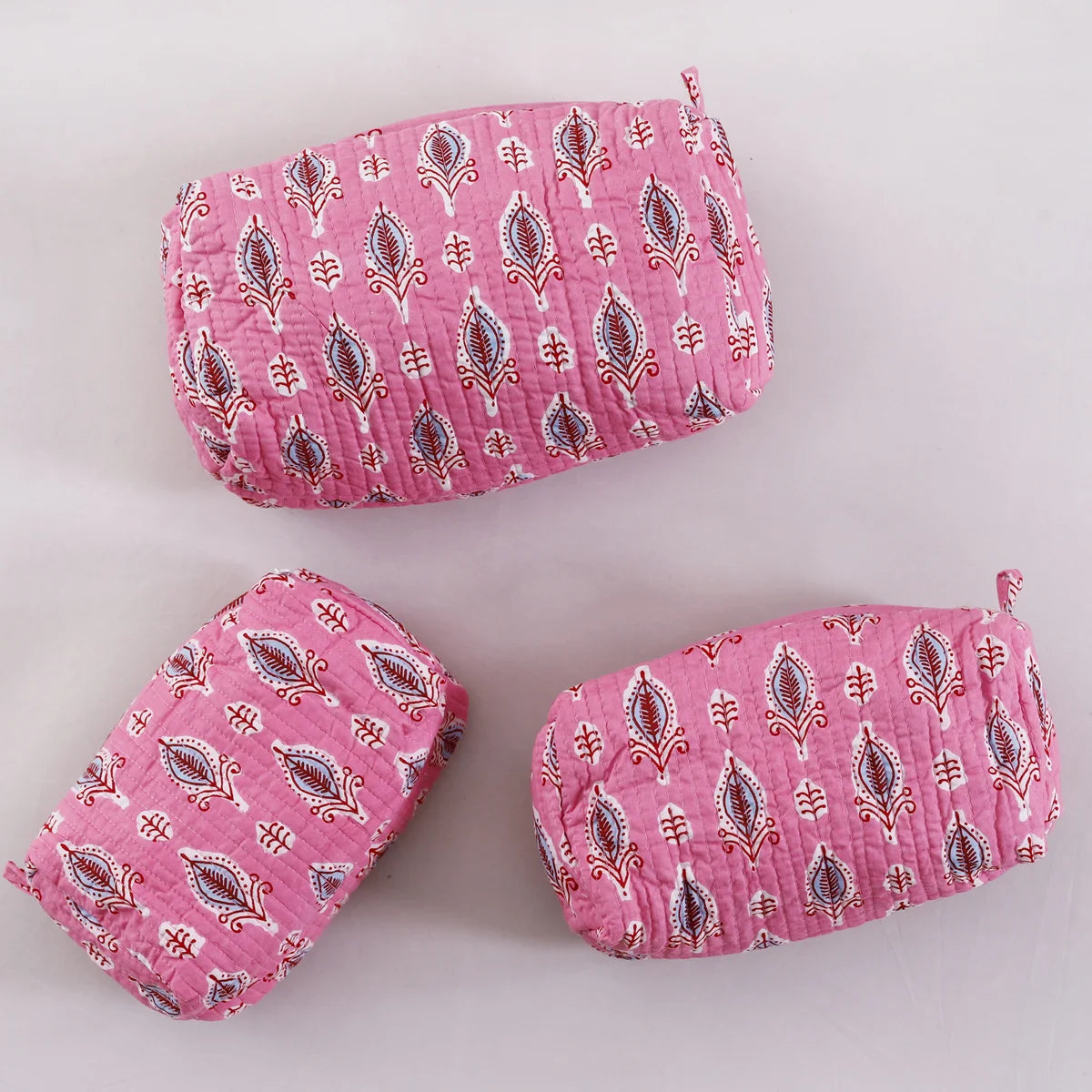 3 pc Pink Leaf Printed Quilted Makeup Cosmetic Carry Bag