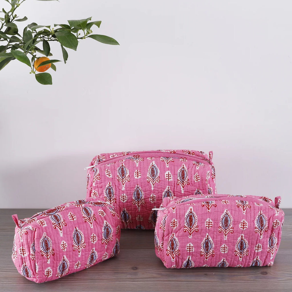 3 pc Pink Leaf Printed Quilted Makeup Cosmetic Carry Bag