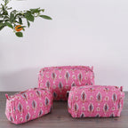 3 pc Pink Leaf Printed Quilted Makeup Cosmetic Carry Bag