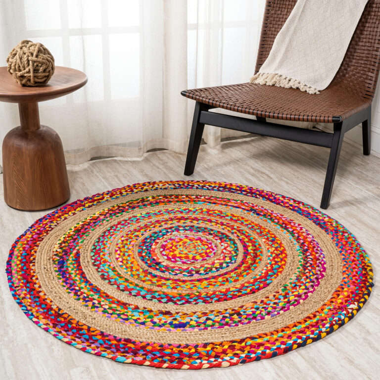 Colorful round jute rug lifestyle — handwoven natural fibre India