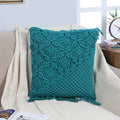 Teal macrame fringe cushion cover, hand-knotted