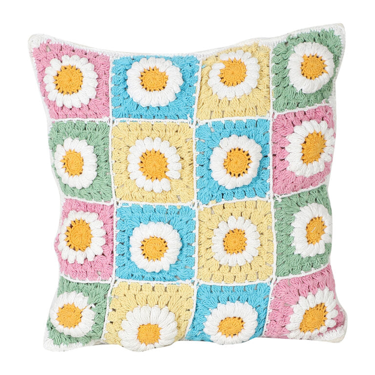 Dahlia Pattern Colorful Cotton Crochet Cushion Covers | Handwoven | 16"x16"
