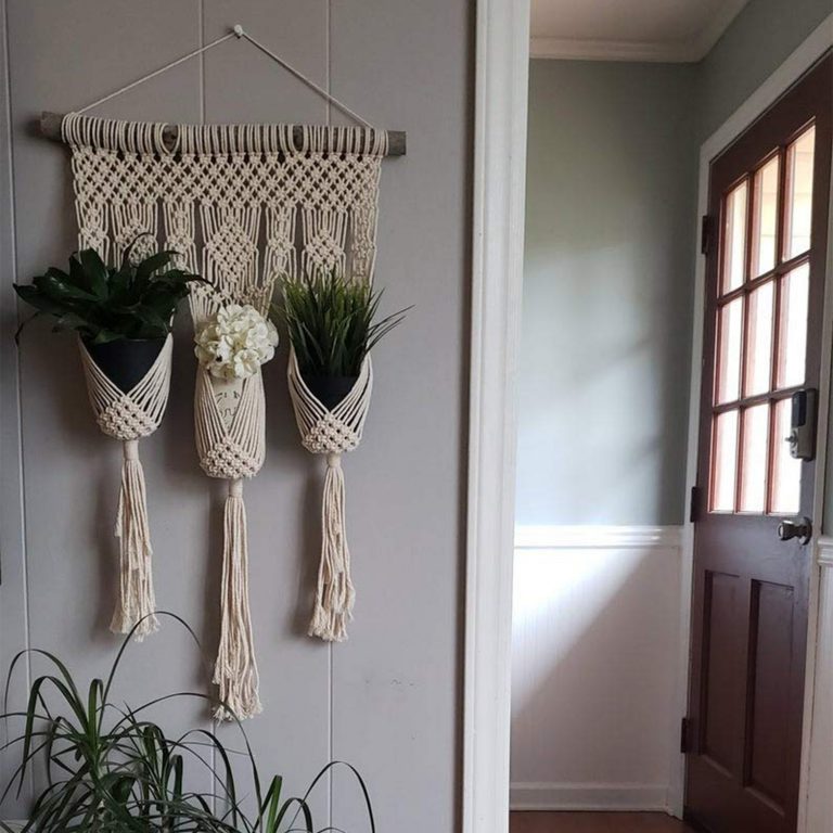 Macrame plant hanger 3 pots angle — handwoven India