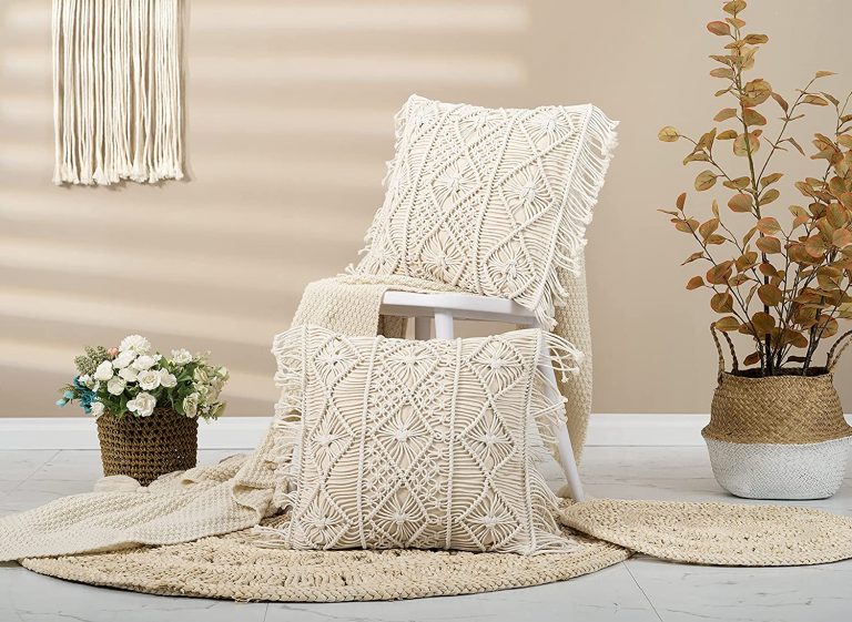 Diamond macrame cushion cover lifestyle — handmade artisan India