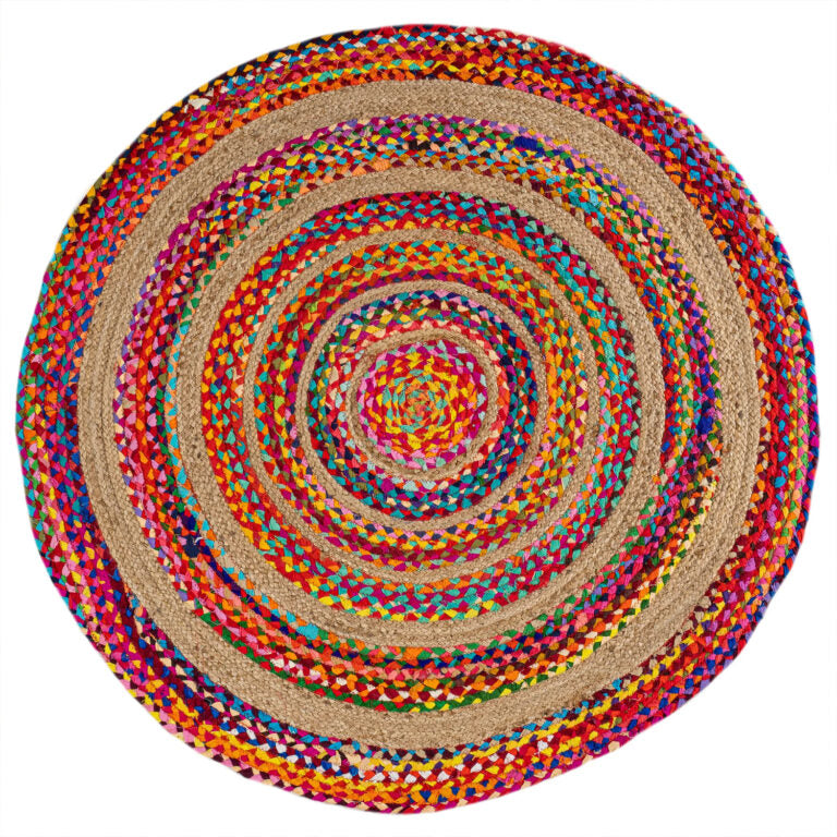 Colorful round jute rug side angle — handwoven natural fibre India