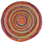 Colorful round jute rug side angle — handwoven natural fibre India