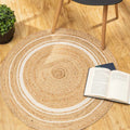 Brown and white round jute rug lifestyle — handwoven natural fibre India