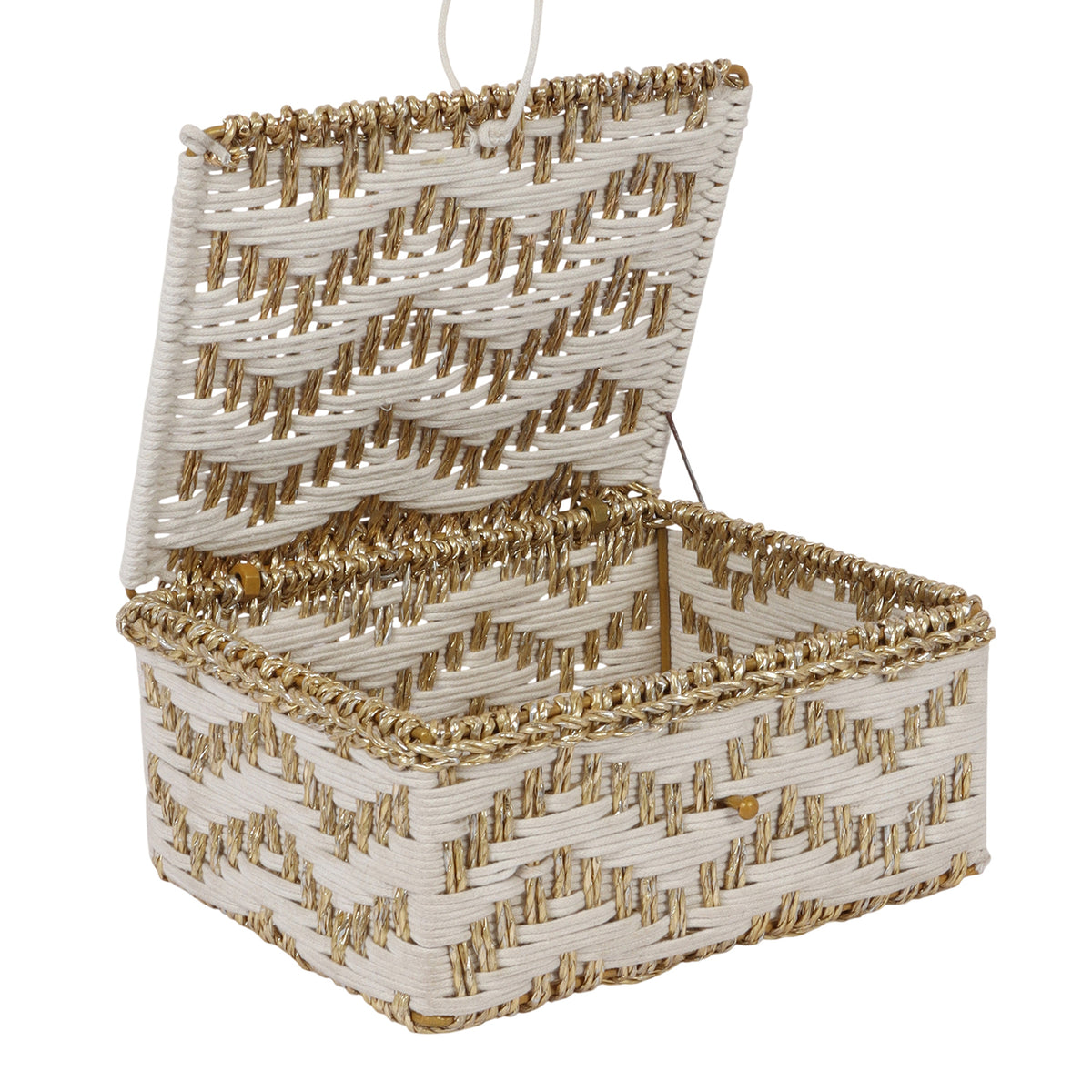 Off-white macrame storage hamper box top view