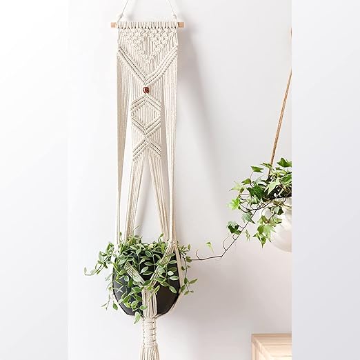 Macrame cotton rope plant hanger 39 inches beige — handwoven India