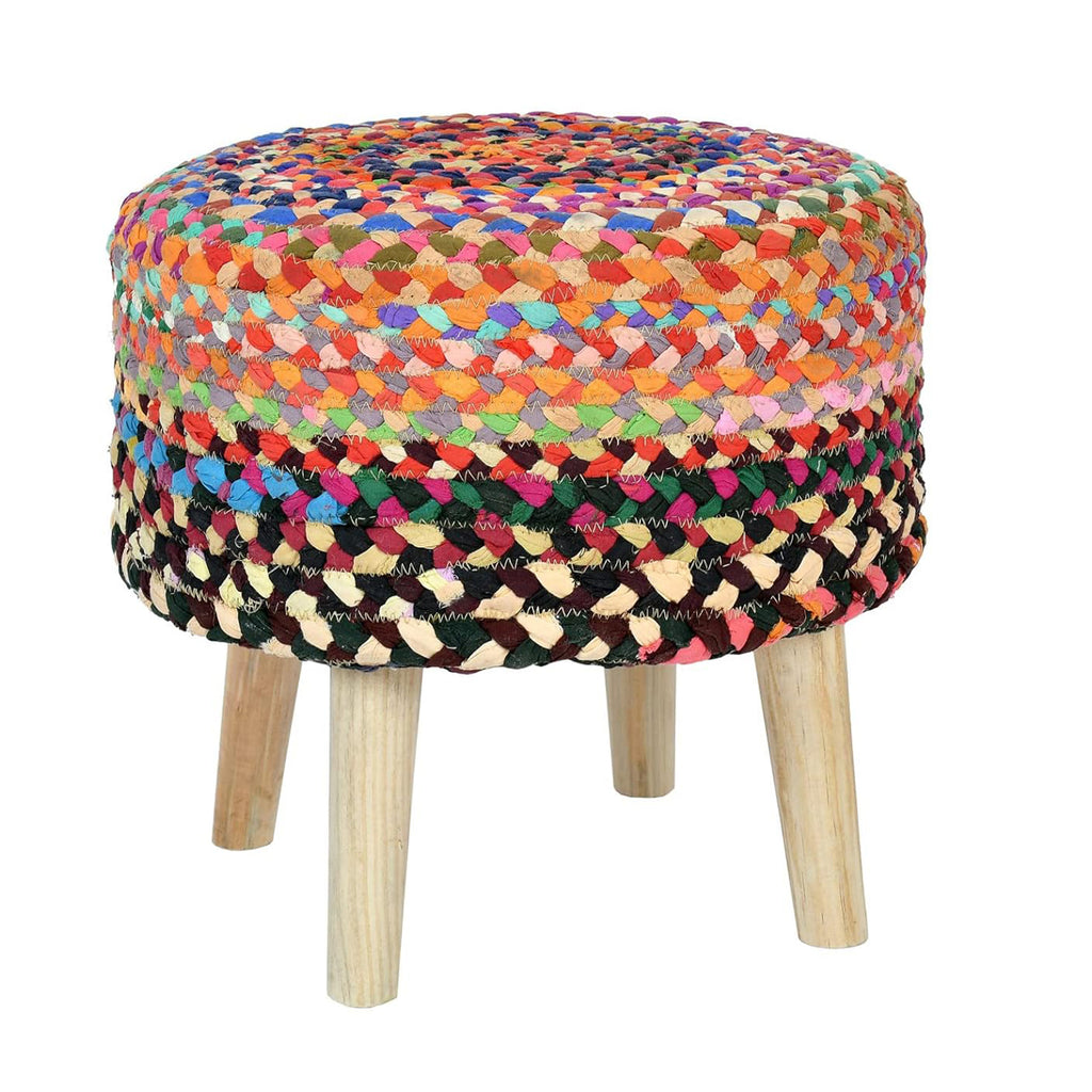 Multi color jute ottoman chair in a living room setting