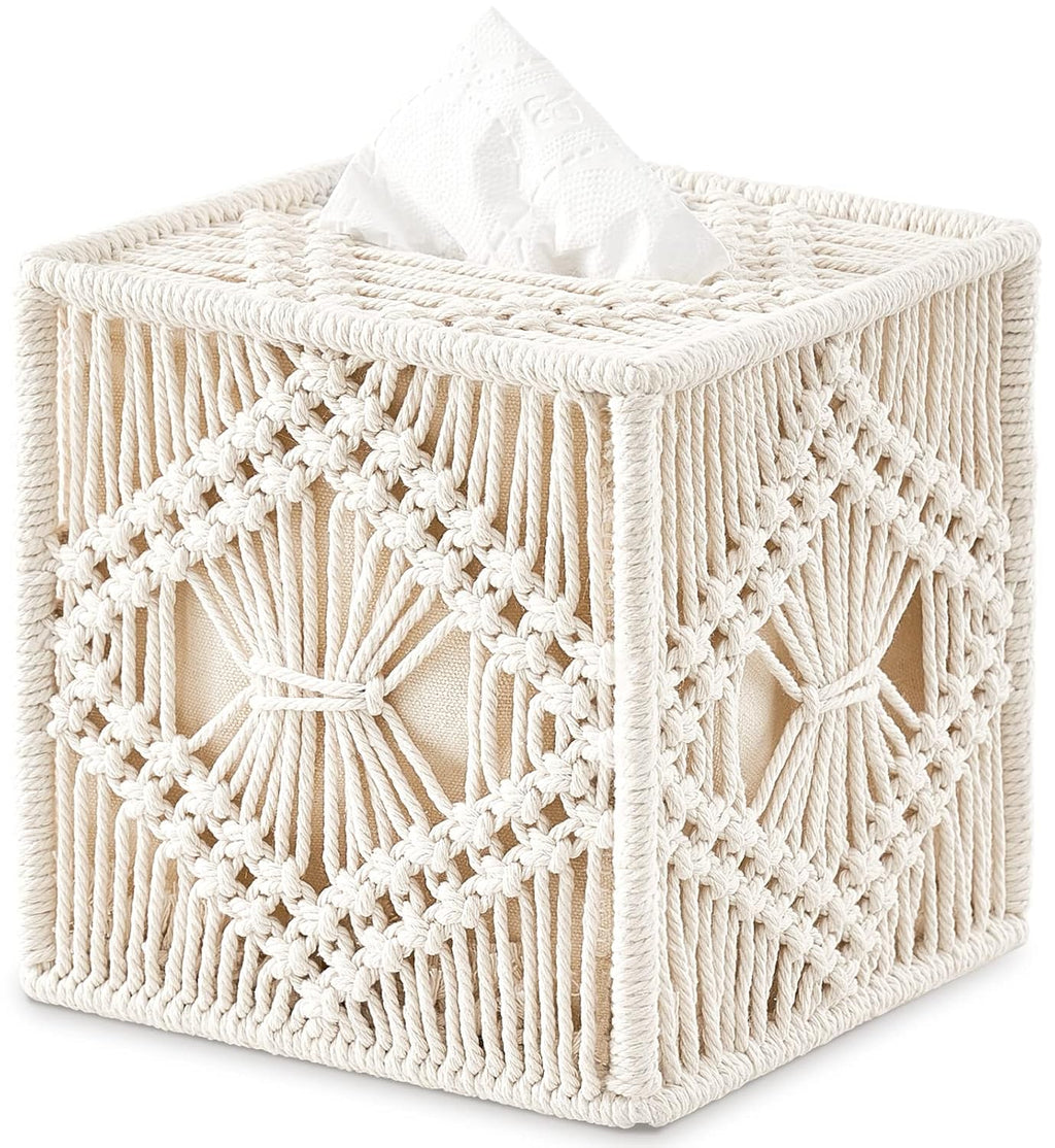 Macrame tissue box cover white background — handmade boho decor