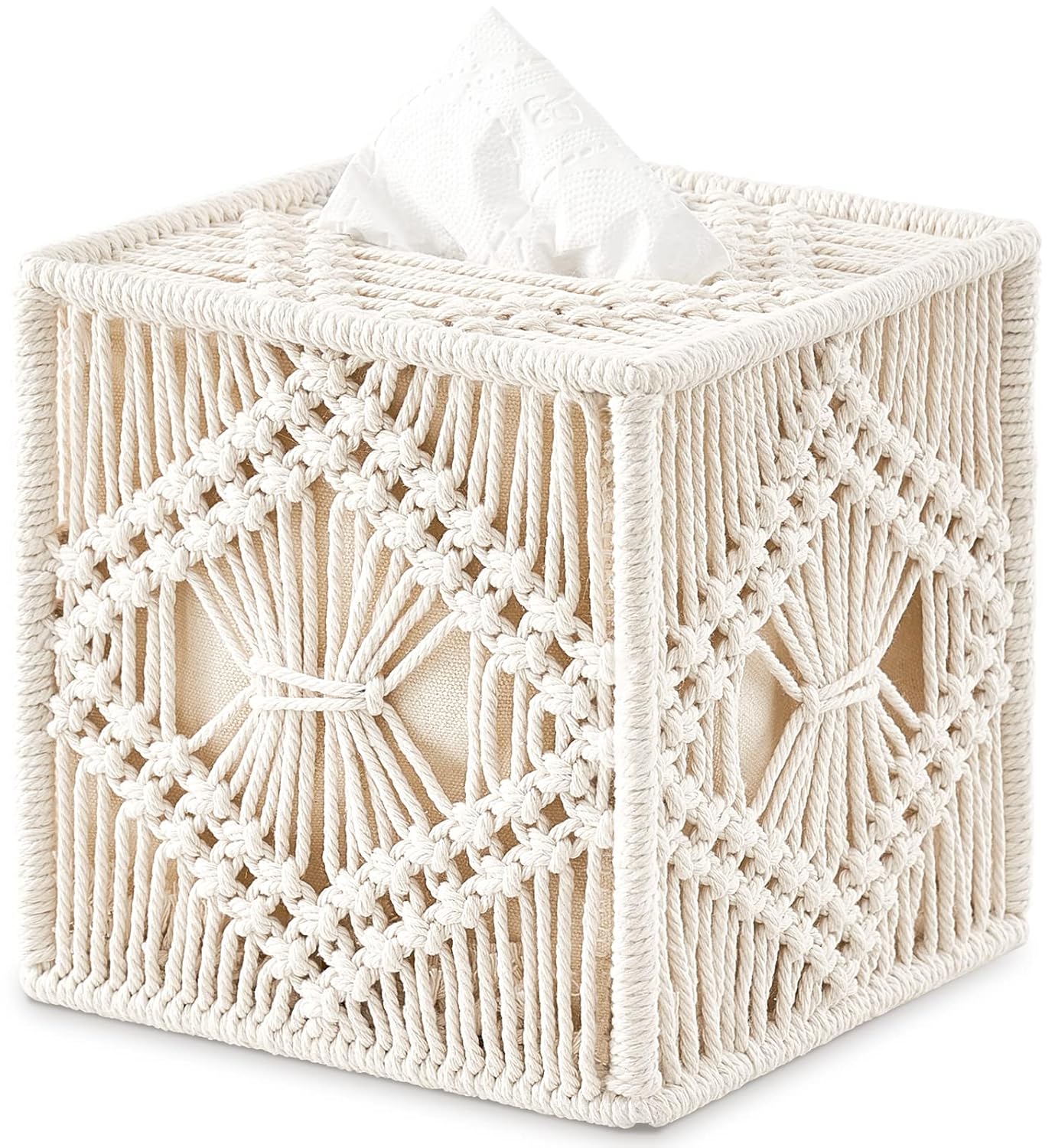 Macrame tissue box cover white background — handmade boho decor