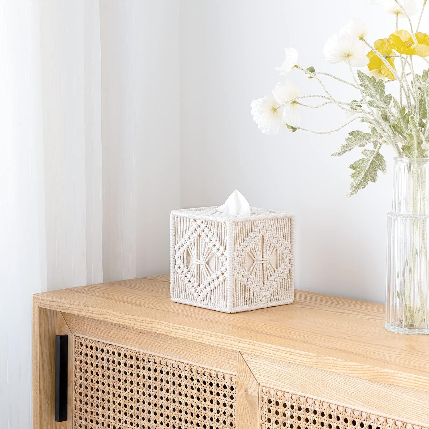 Macrame tissue box cover detail — handmade by Indian artisans