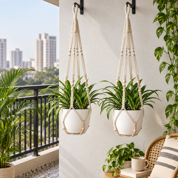Cotton Rope Hanging Planters, Set of 2 | Handmade Boho Plant Hangers